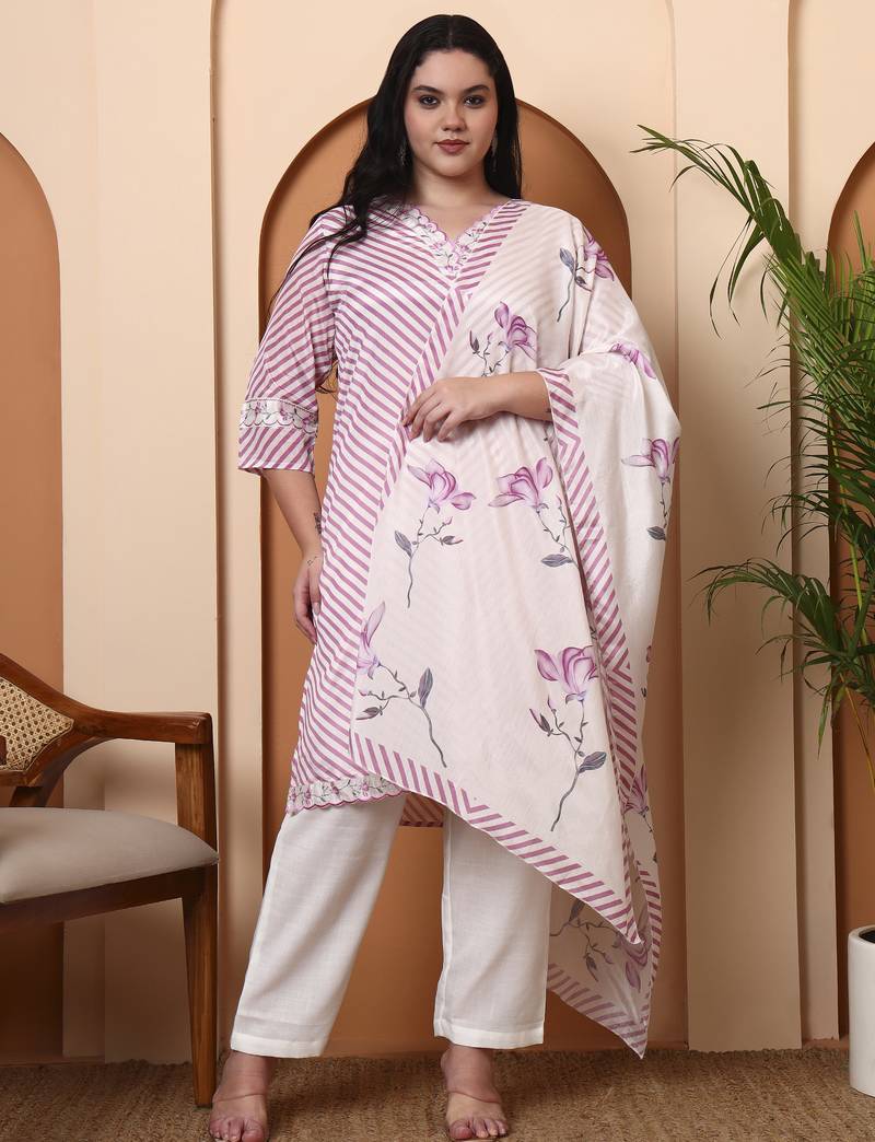 Women   s chinon printed kurta with floral embroidery v-neck, 3/4 sleeves, matching pant & printed dupatta (pink)