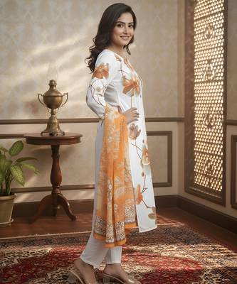 Women   s muslin fabric printed straight kurta with matching dupatta lightweight muslin kurta set (white) 4