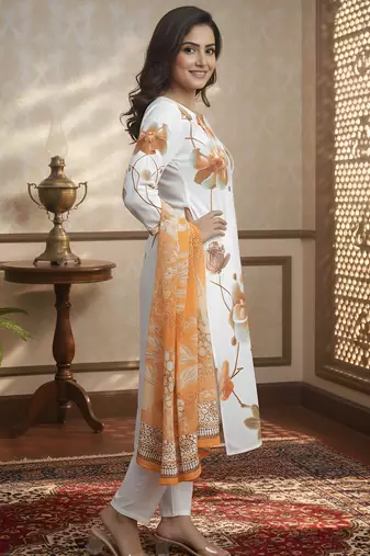 Women   s muslin fabric printed straight kurta with matching dupatta lightweight muslin kurta set (white)