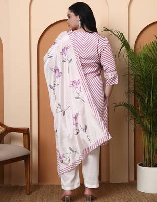 Women   s chinon printed kurta with floral embroidery v-neck, 3/4 sleeves, matching pant & printed dupatta (pink) 2