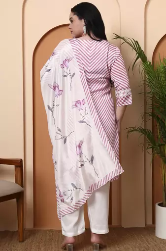 Women   s chinon printed kurta with floral embroidery v-neck, 3/4 sleeves, matching pant & printed dupatta (pink)