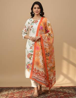 Women   s muslin fabric printed straight kurta with matching dupatta lightweight muslin kurta set(offwhite) 1