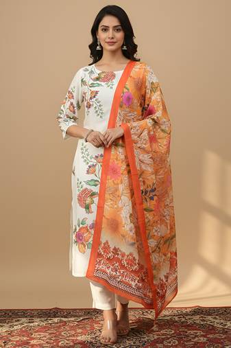Women   s muslin fabric printed straight kurta with matching dupatta lightweight muslin kurta set(offwhite)