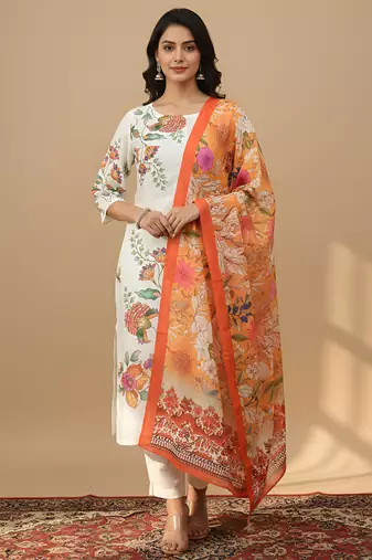Women’s muslin fabric printed straight kurta with matching dupatta lightweight muslin kurta set(offwhite)