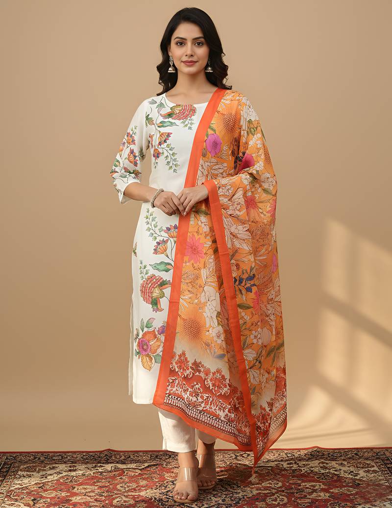 Women   s muslin fabric printed straight kurta with matching dupatta lightweight muslin kurta set(offwhite)