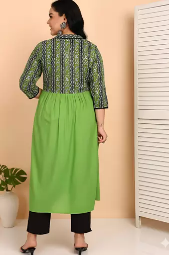 Women   s rayon printed kurta with cotton slub pant v-neck, 3/4 sleeves, calf-length kurti & solid bottom (green)