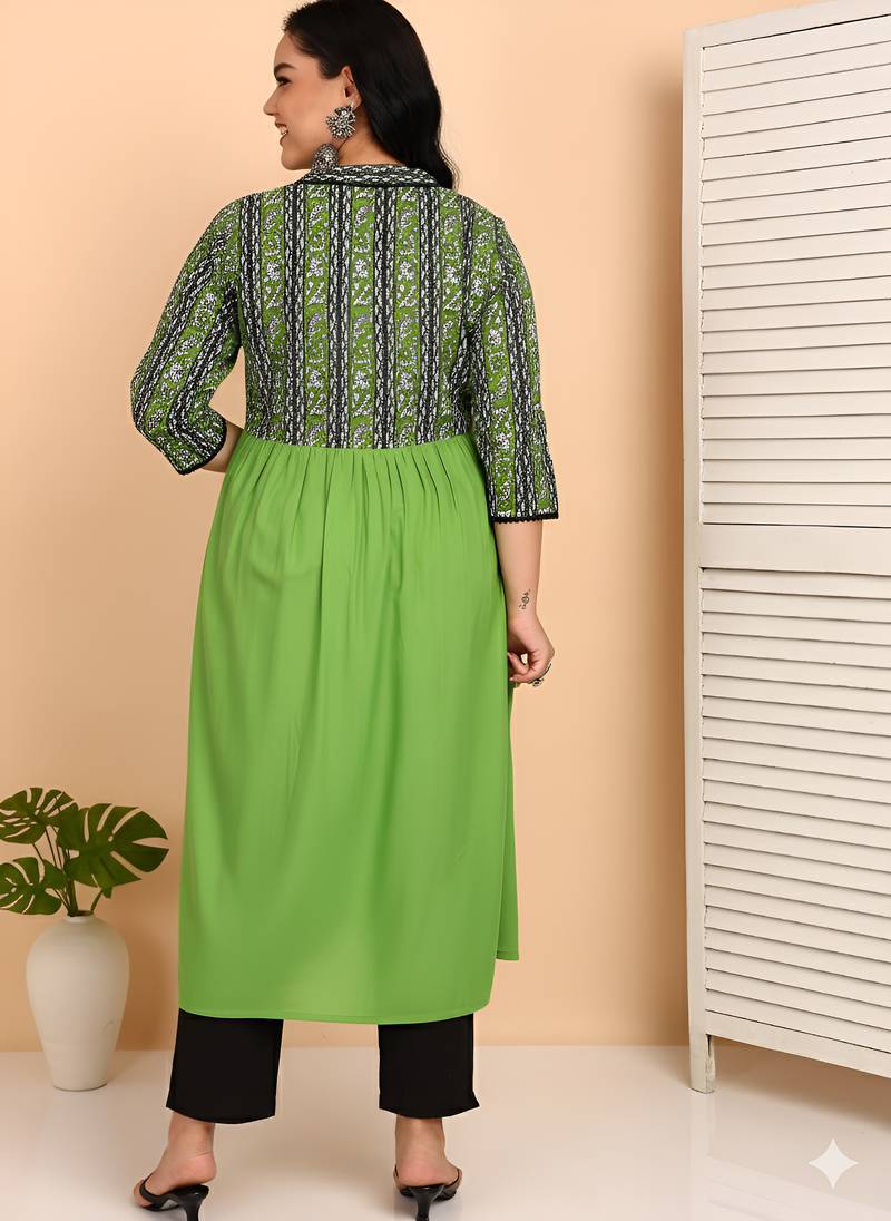 Women   s rayon printed kurta with cotton slub pant v-neck, 3/4 sleeves, calf-length kurti & solid bottom (green)