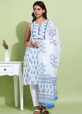 Women   s cotton printed sleeveless straight kurti with pants and dupatta (blue) 1