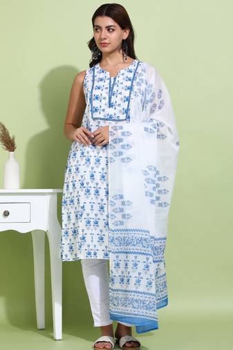 Women’s cotton printed sleeveless straight kurti with pants and dupatta (blue)