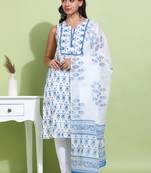 Women   s cotton printed sleeveless straight kurti with pants and dupatta (blue)