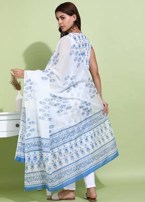Women   s cotton printed sleeveless straight kurti with pants and dupatta (blue) 2
