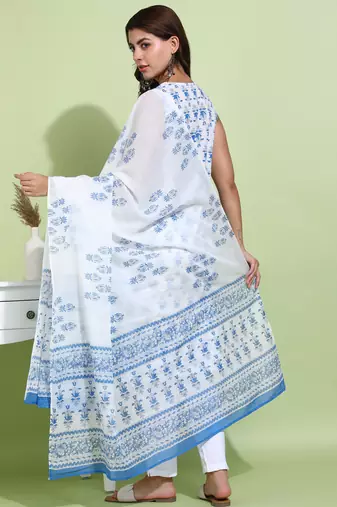 Women   s cotton printed sleeveless straight kurti with pants and dupatta (blue)