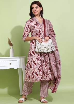 Women   s cotton floral printed a-linekurta with dupatta and pant v-neckline 3/4th sleeves (maroon) 1