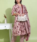 Women   s cotton floral printed a-linekurta with dupatta and pant v-neckline 3/4th sleeves (maroon)