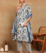Women   s cotton floral printed anarkali kurta with dupatta and pant v-neckline 3/4th sleeves (blue)