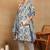 Women   s cotton floral printed anarkali kurta with dupatta and pant v-neckline 3/4th sleeves (blue)