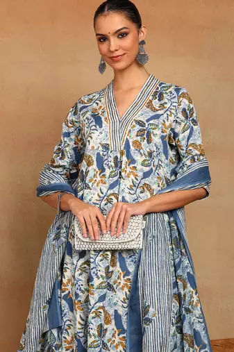 Women   s cotton floral printed anarkali kurta with dupatta and pant v-neckline 3/4th sleeves (blue)