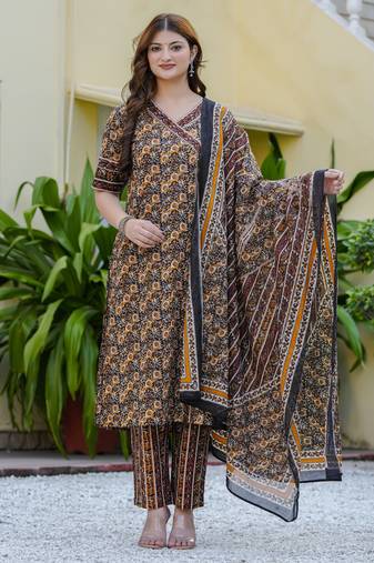 Women cambric cotton floral print angrakha style kurta pant dupatta set with gotta patti work