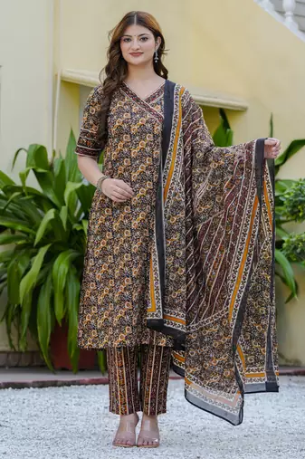 Women cambric cotton floral print angrakha style kurta pant dupatta set with gotta patti work