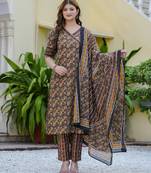 Women cambric cotton floral print angrakha style kurta pant dupatta set with gotta patti work