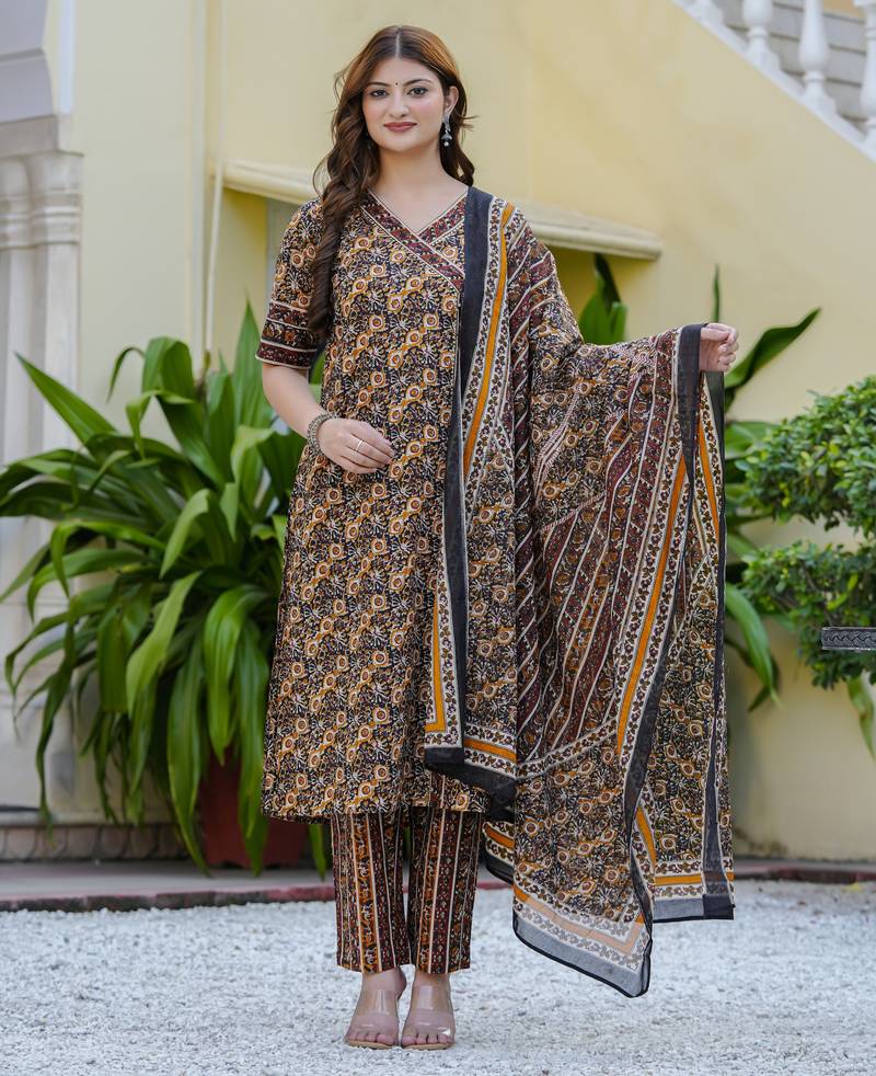 Women cambric cotton floral print angrakha style kurta pant dupatta set with gotta patti work