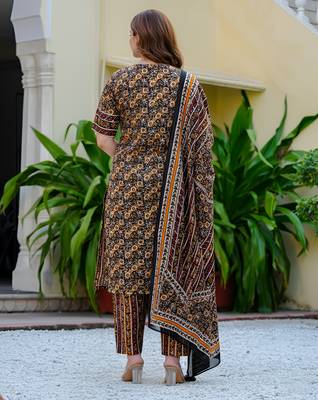 Women cambric cotton floral print angrakha style kurta pant dupatta set with gotta patti work 2