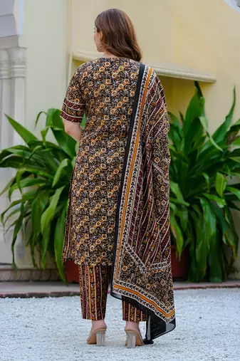 Women cambric cotton floral print angrakha style kurta pant dupatta set with gotta patti work