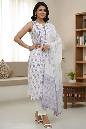 Women's cotton straight kurta sleeveless floral print  with pant and duptta (purple)