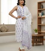 Women's cotton straight kurta sleeveless floral print  with pant and duptta (purple)