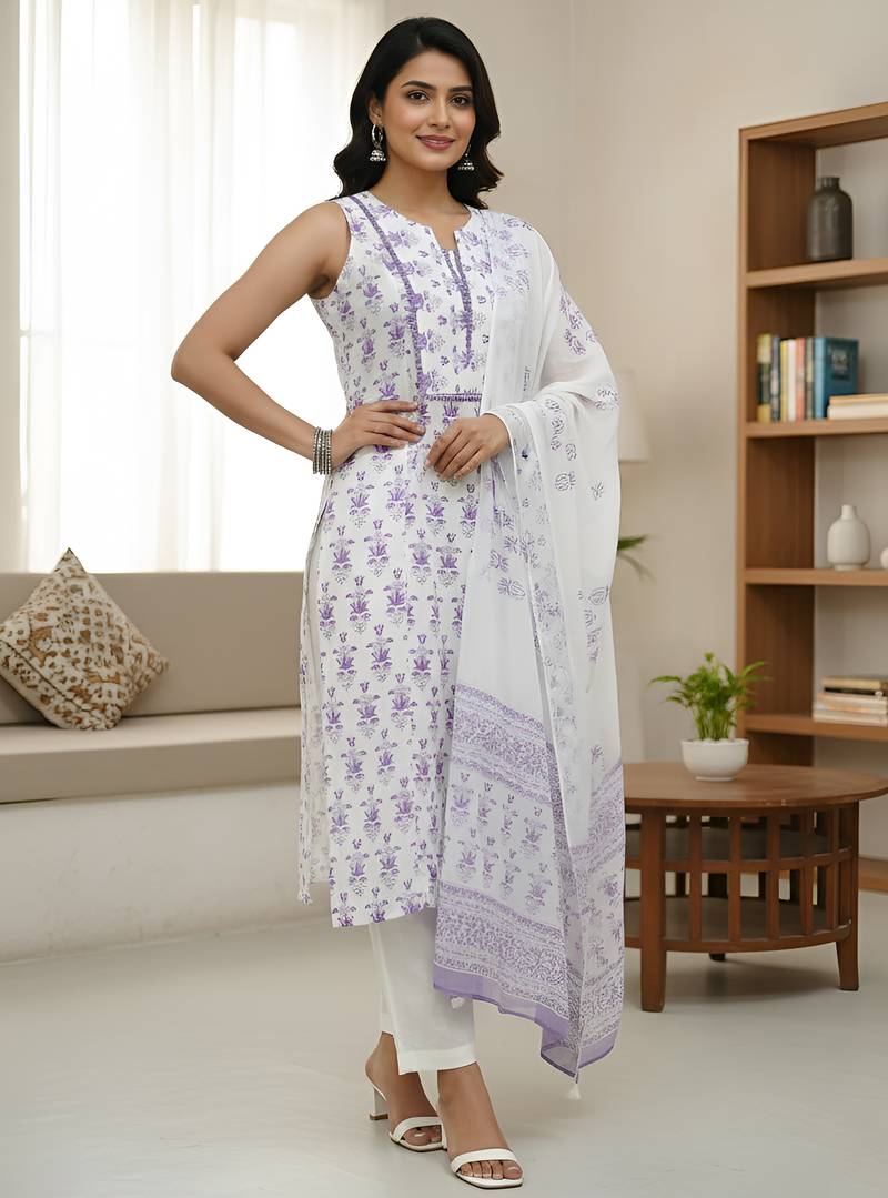 Women's cotton straight kurta sleeveless floral print  with pant and duptta (purple)