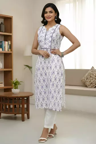 Women's cotton straight kurta sleeveless floral print  with pant and duptta (purple)
