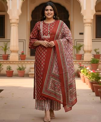 Women   s rayon floral print straight kurta & printed pants with dupatta set (maroon) 1