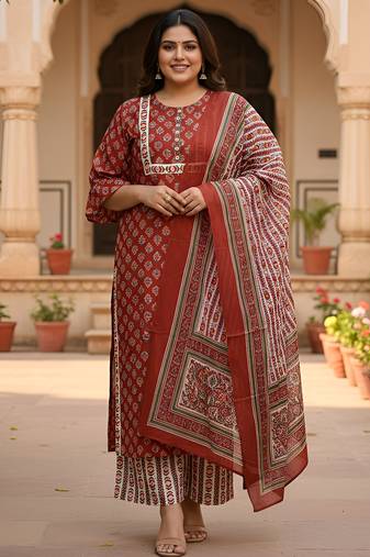 Women’s rayon floral print straight kurta & printed pants with dupatta set (maroon)