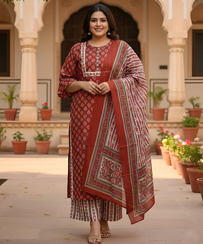 Women   s rayon floral print straight kurta & printed pants with dupatta set (maroon)