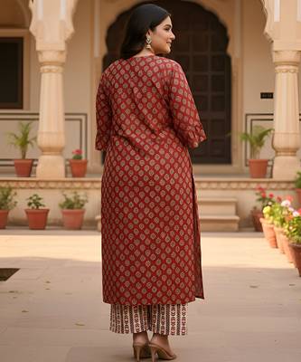 Women   s rayon floral print straight kurta & printed pants with dupatta set (maroon) 2