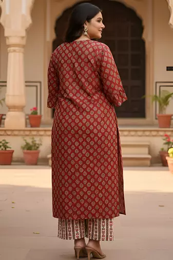 Women   s rayon floral print straight kurta & printed pants with dupatta set (maroon)