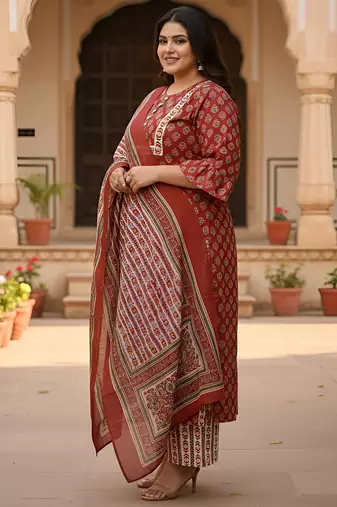 Women   s rayon floral print straight kurta & printed pants with dupatta set (maroon)