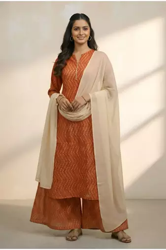 Women's geometric print rayon staple kurta pant with dupatta set (orange)
