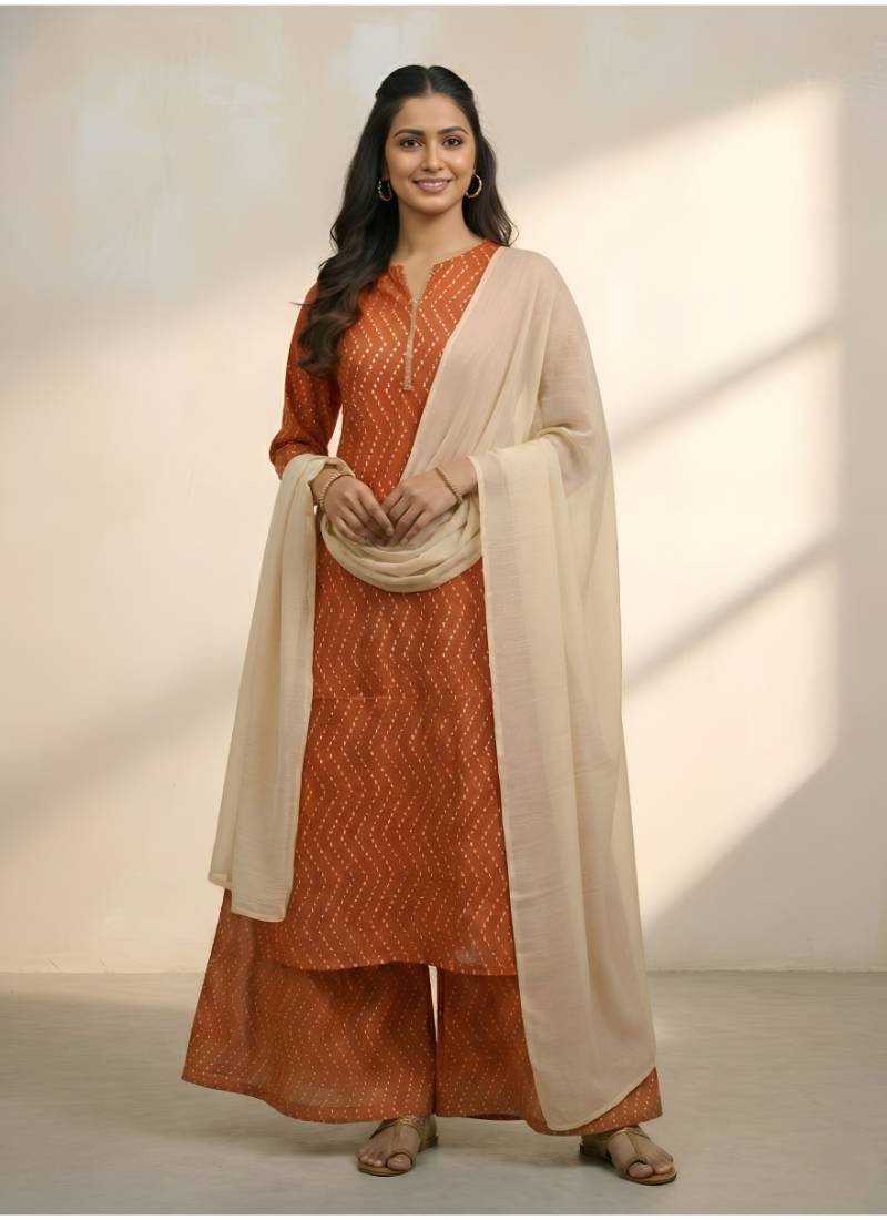 Women's geometric print rayon staple kurta pant with dupatta set (orange)