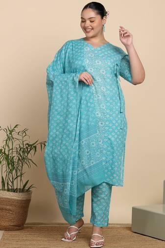 Women’s cotton printed kurta set with dupatta v-neck with handwork detail & side dori (blue)