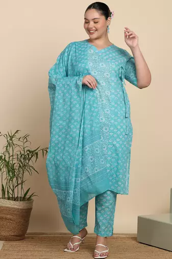 Women’s cotton printed kurta set with dupatta v-neck with handwork detail & side dori (blue)