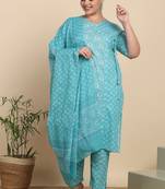 Women   s cotton printed kurta set with dupatta v-neck with handwork detail & side dori (blue)