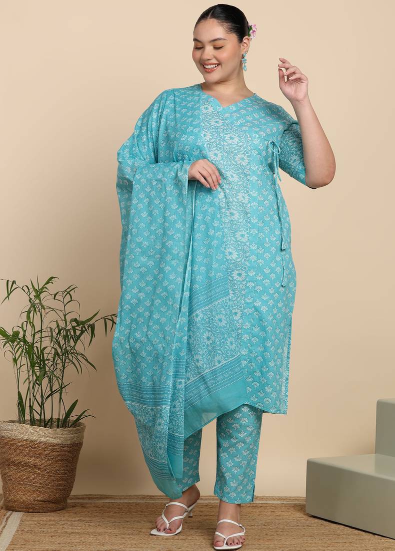 Women   s cotton printed kurta set with dupatta v-neck with handwork detail & side dori (blue)
