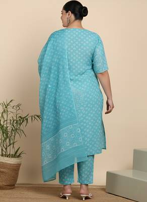Women   s cotton printed kurta set with dupatta v-neck with handwork detail & side dori (blue) 2