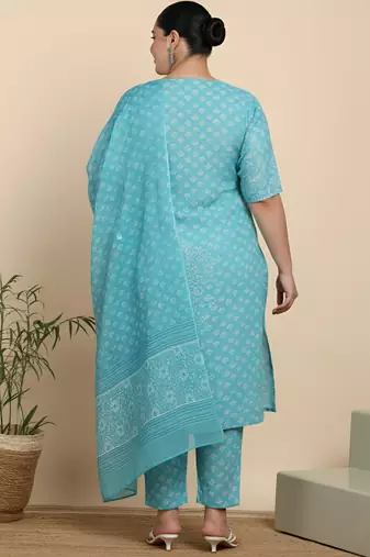 Women   s cotton printed kurta set with dupatta v-neck with handwork detail & side dori (blue)