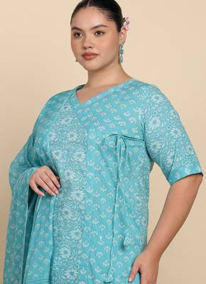 Women   s cotton printed kurta set with dupatta v-neck with handwork detail & side dori (blue) 3