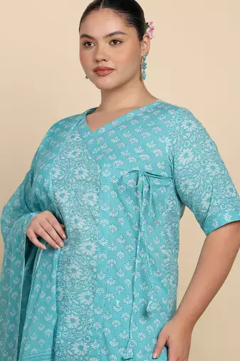 Women   s cotton printed kurta set with dupatta v-neck with handwork detail & side dori (blue)