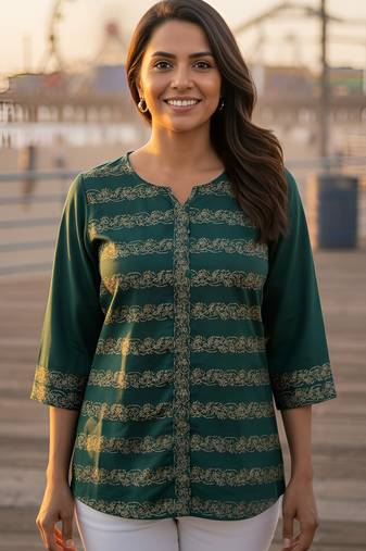 Women's ethnic green rayon tunic top with elegant gold print, 3/4th sleeve (green)