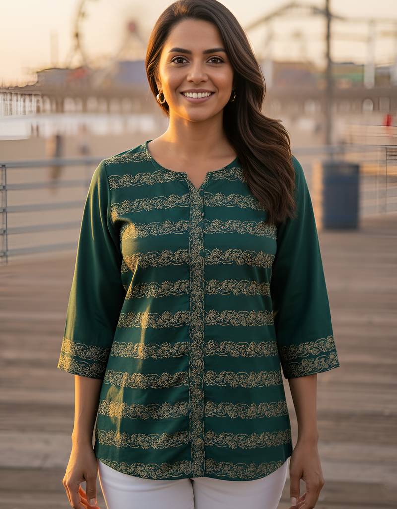 Women's ethnic green rayon tunic top with elegant gold print, 3/4th sleeve (green)