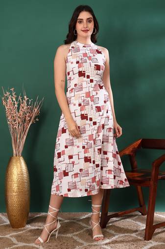 Women’s delta geometric printed halter neck sleeveless a-line midi dress (white)
